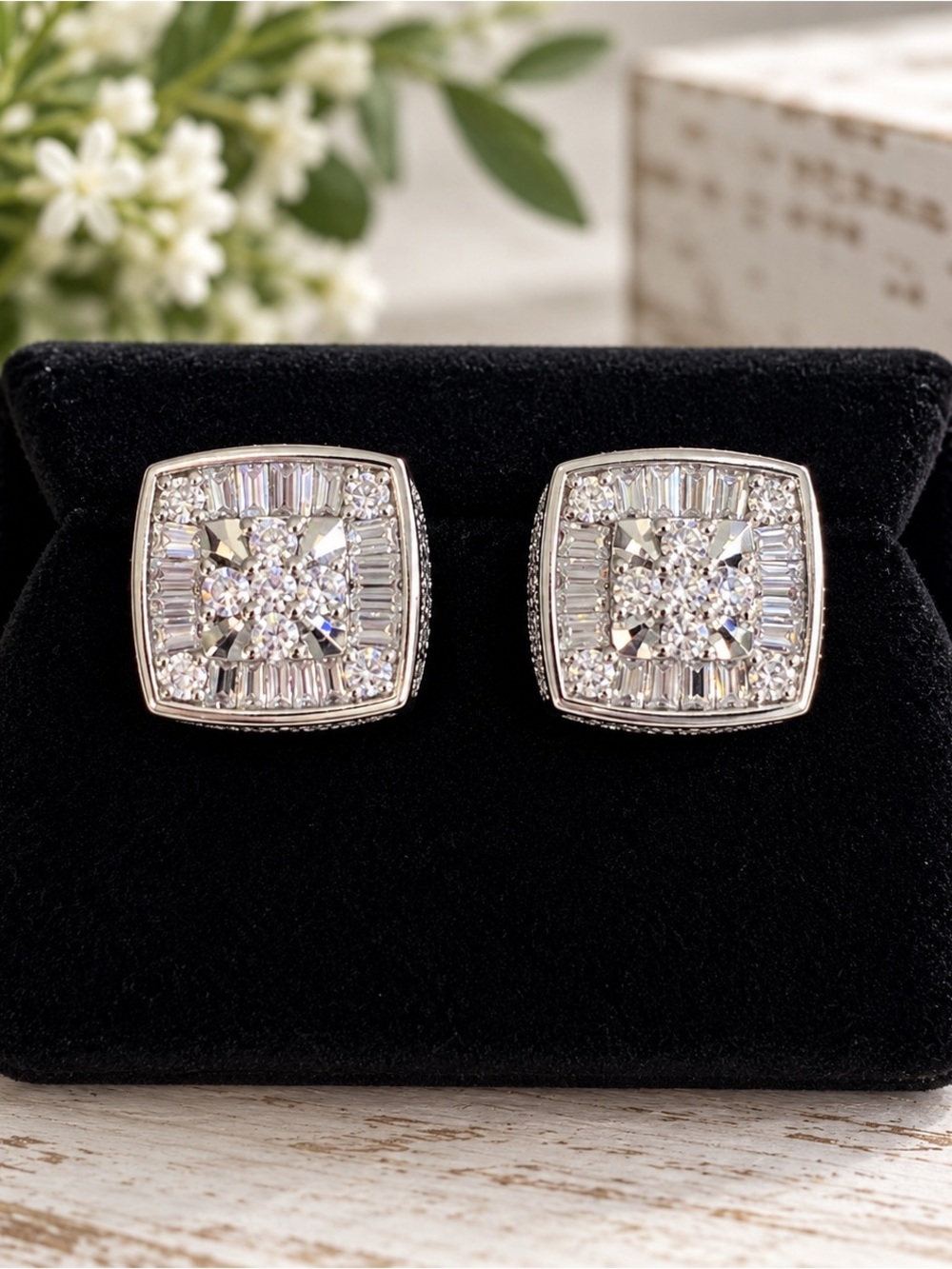 Sterling Silver 3 CTW Moissanite Baguette Square Screw Back Stud Earrings